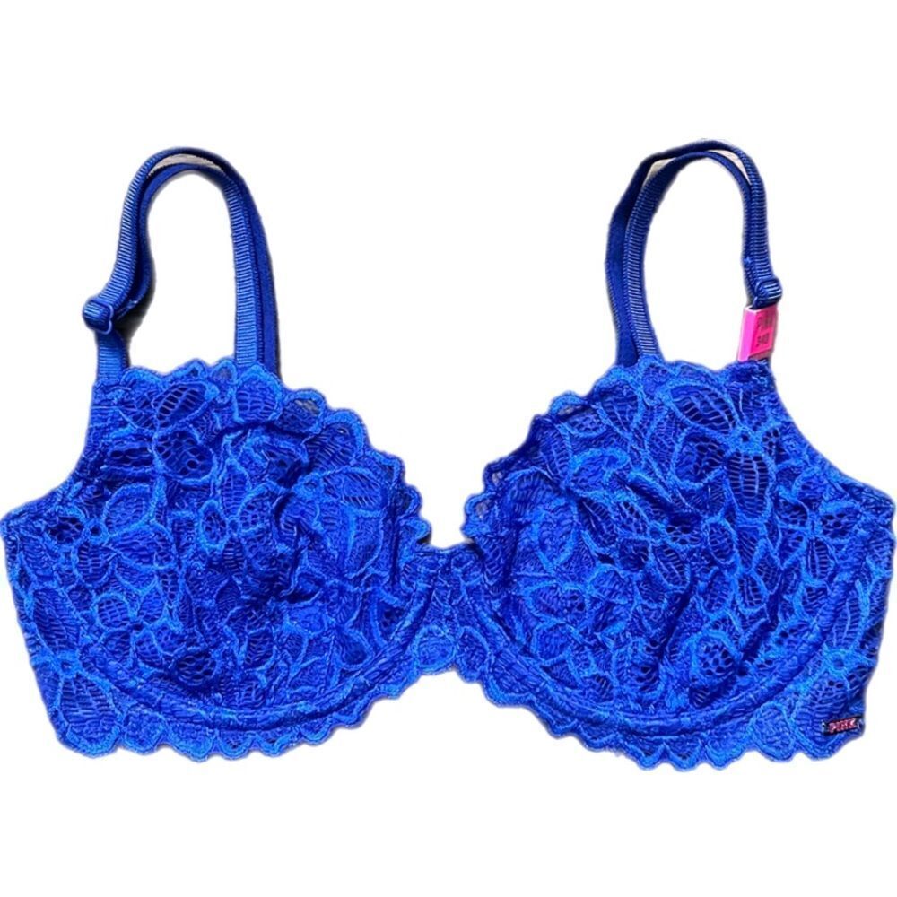 Victoria’s Secret Pink Unlined Underwire floral lace bra blue 36B